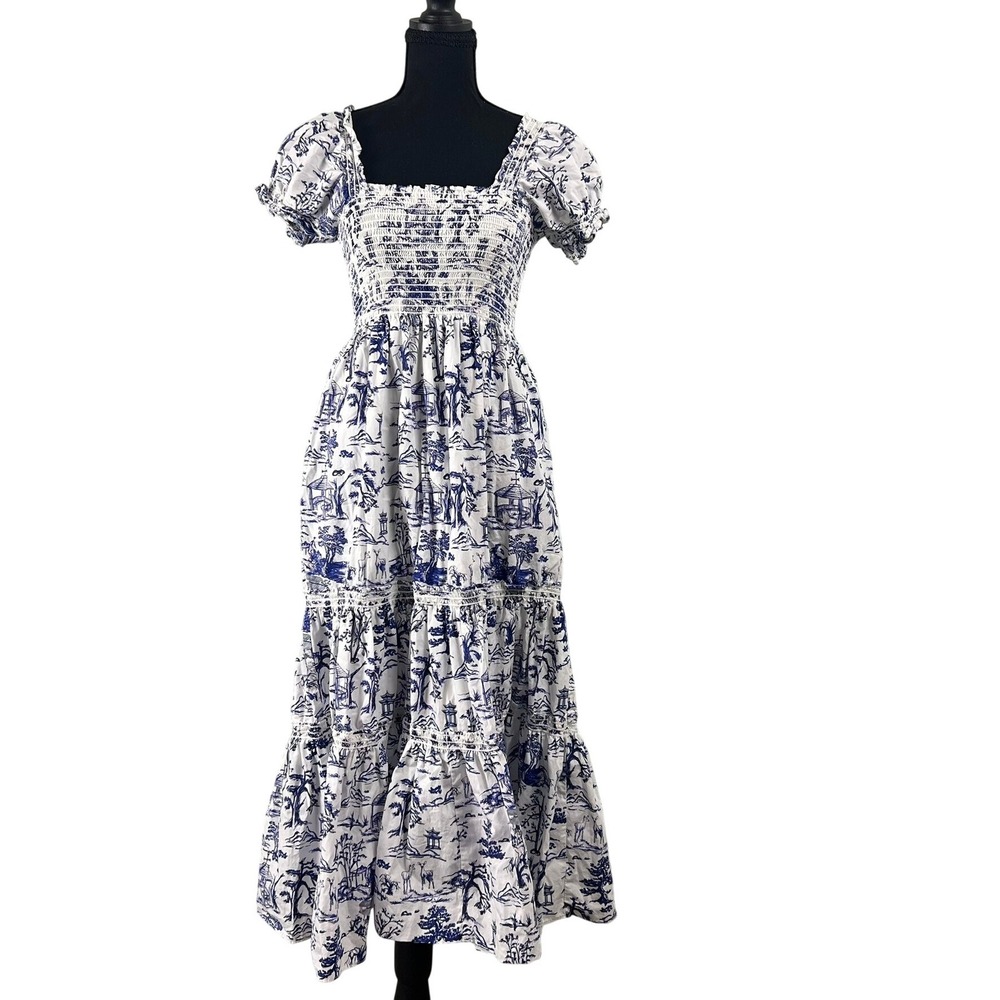 O.P.T. Blue White Toile Smocked Midi Dress M Puff Sleeve Tiered Pockets Country
